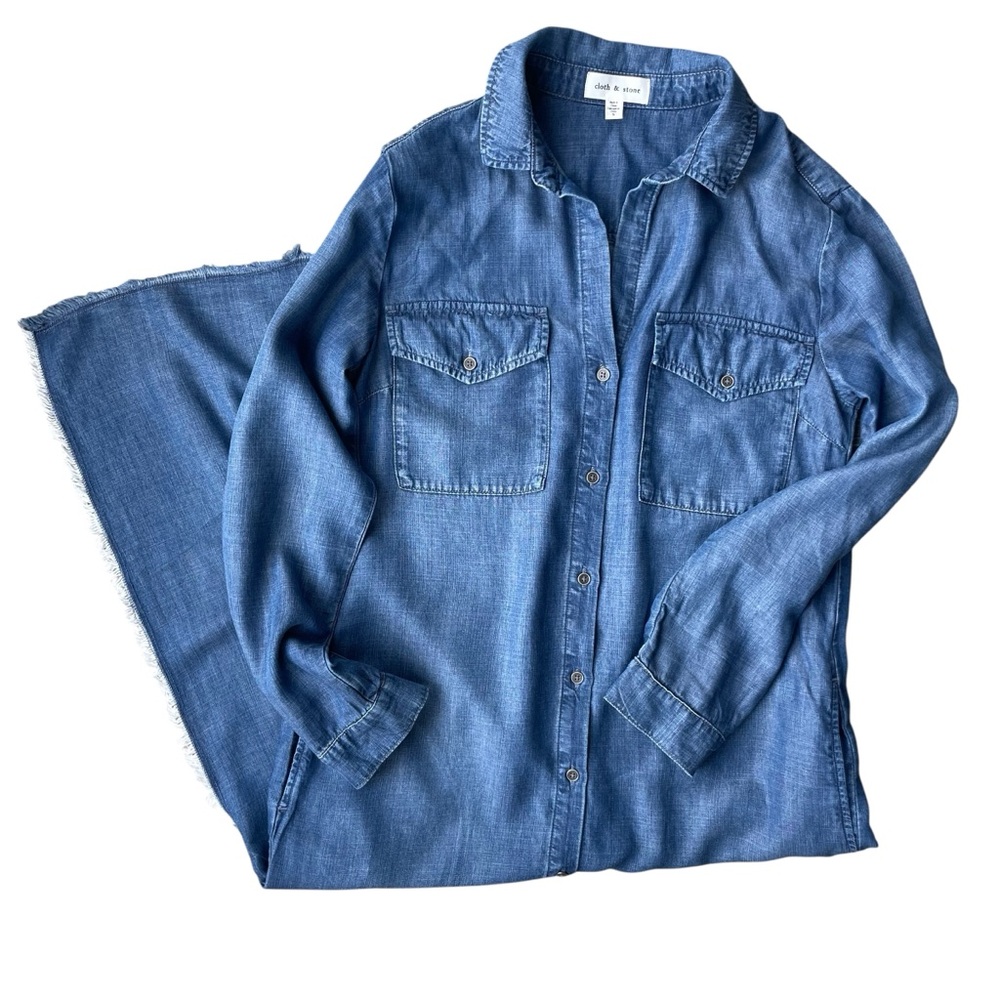 Cloth & Stone Anthropologie Chambray Denim Maxi Shirt Dress Raw Hem Size S Blue - Picture 2 of 8